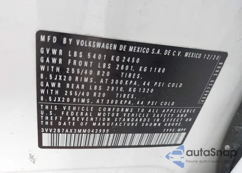 2021 Volkswagen Tiguan 2.0T Se/2.0T Se R-Line Black/2.0T Sel from USA, damaged, VIN 3VV2B7AX3MM043999